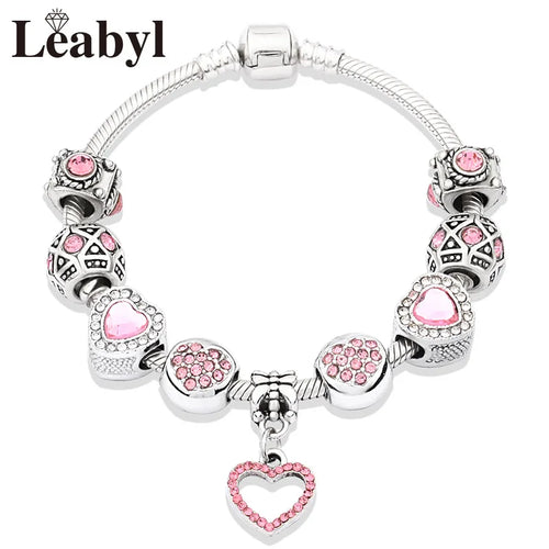 Romantic Pink Heart Charm Bracelet Fine Crystal DIY Bead Bangle Gift