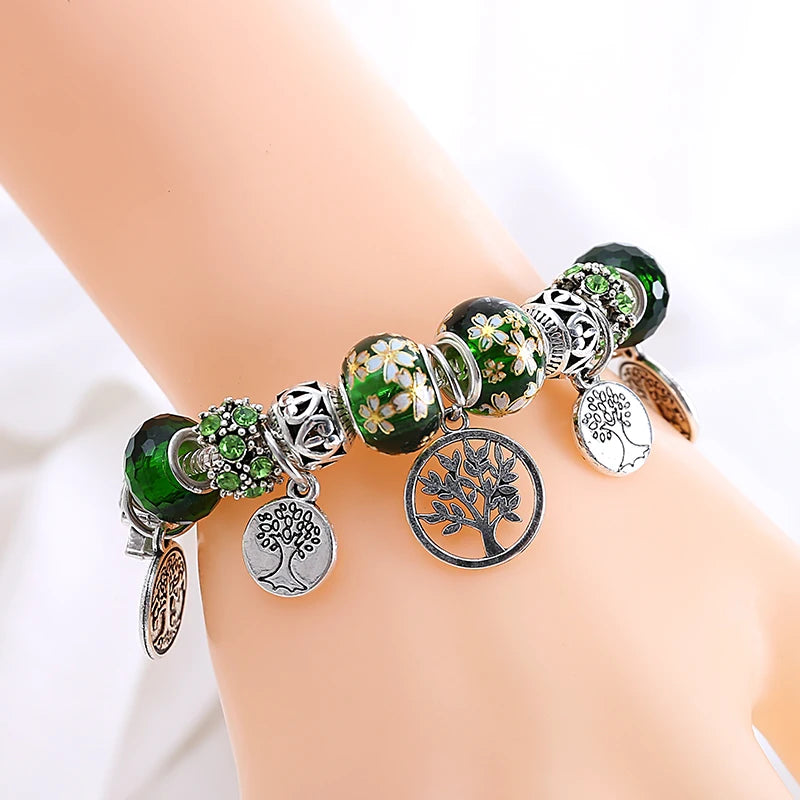 Silver Colour Tree of Life Bead Bracelet Green Leaf Crystal Charm Bangle