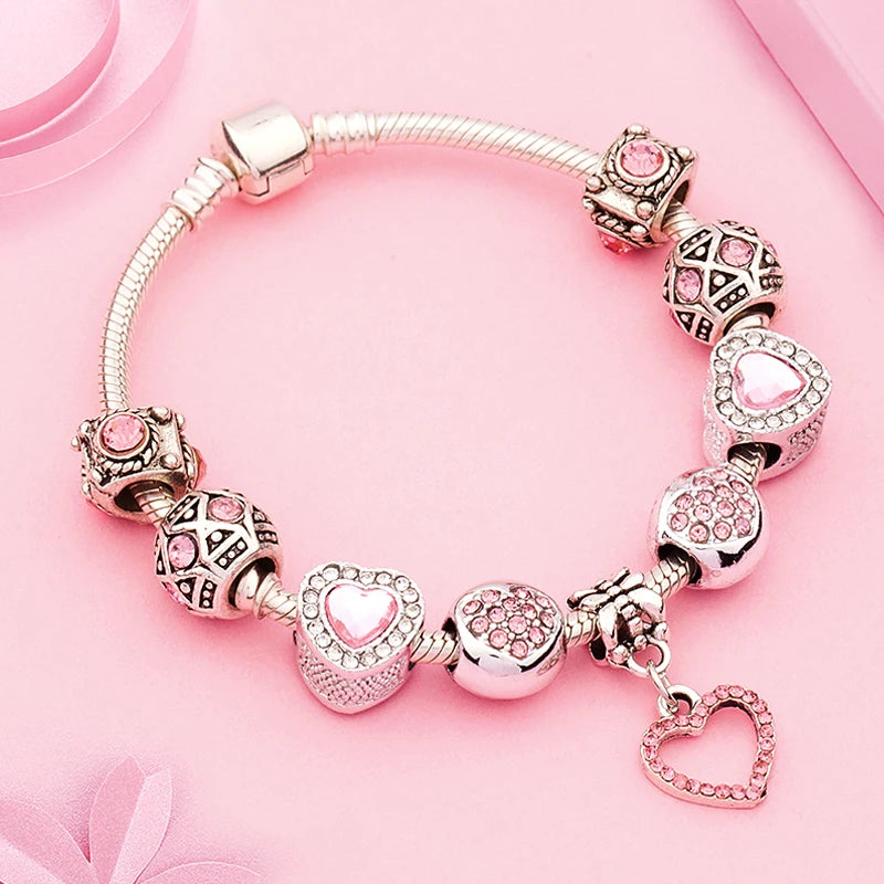Romantic Pink Heart Charm Bracelet Fine Crystal DIY Bead Bangle Gift