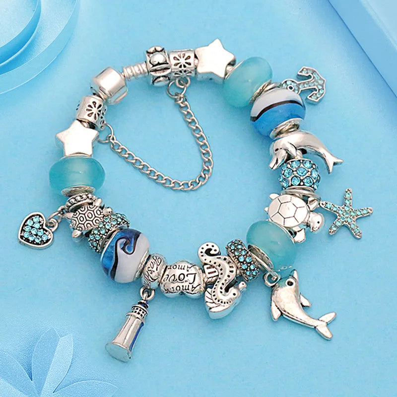 Classic Dolphin Charm Bracelet Blue Murano Crystal Glass DIY Bead Bangle