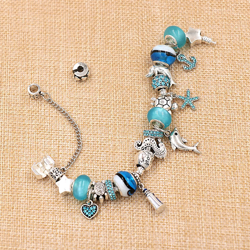 Classic Dolphin Charm Bracelet Blue Murano Crystal Glass DIY Bead Bangle