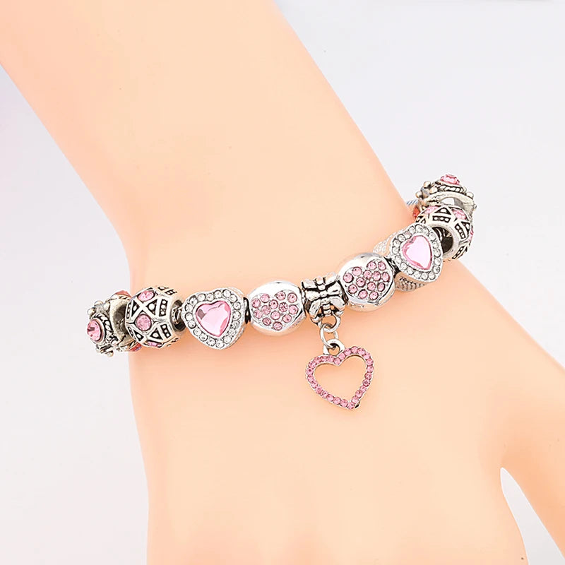 Romantic Pink Heart Charm Bracelet Fine Crystal DIY Bead Bangle Gift