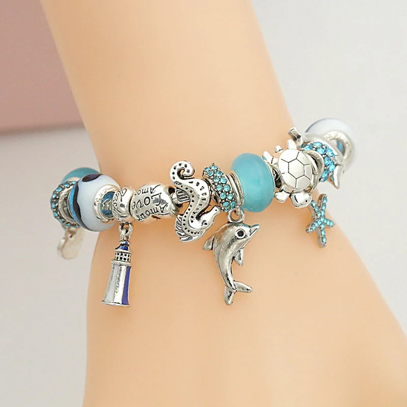 Classic Dolphin Charm Bracelet Blue Murano Crystal Glass DIY Bead Bangle