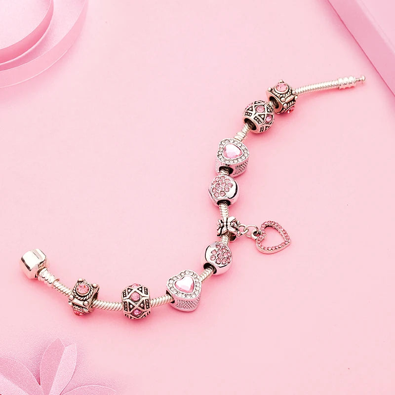 Romantic Pink Heart Charm Bracelet Fine Crystal DIY Bead Bangle Gift