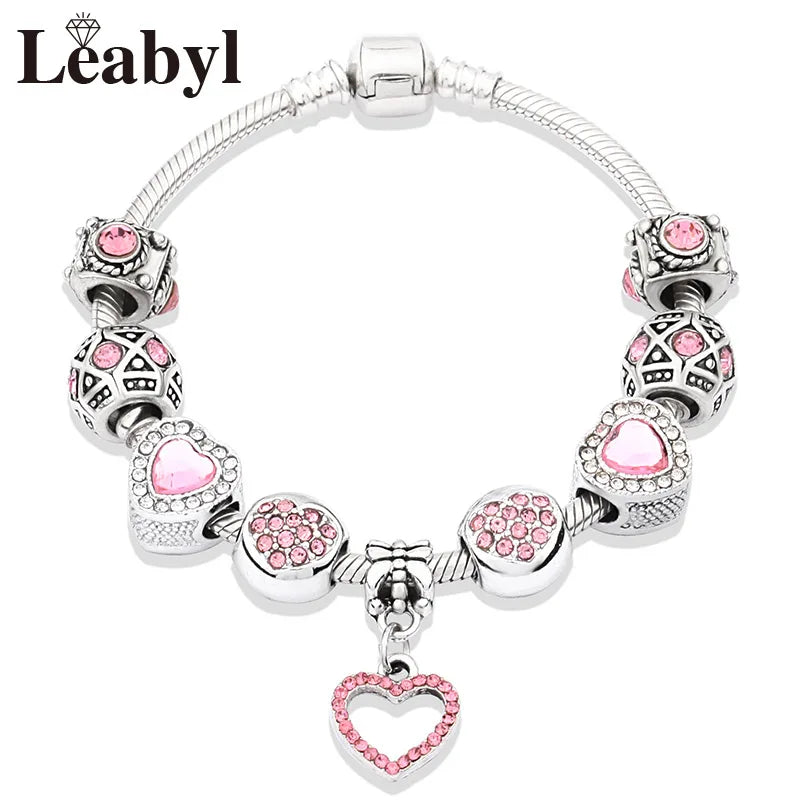 Romantic Pink Heart Charm Bracelet Fine Crystal DIY Bead Bangle Gift