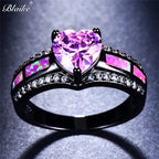 Pink Heart Zircon Single Row Pink Fire Opal Rings For Women Black Gold Color Fashion Engagement Jewelry Halloween Gifts