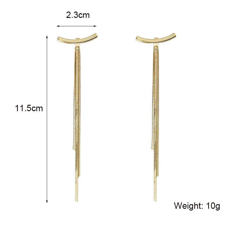 Korean Vintage Glossy Arc Bar Long Tassel Drop Earrings Gold Colour