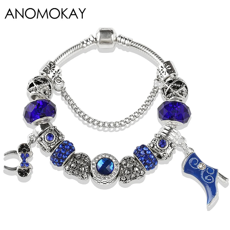 Red Crystal Mickey Minnie Beads Bracelet Silver Plated Family Charm Gift