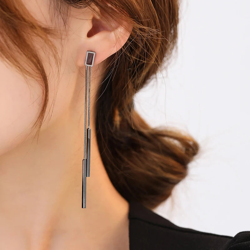 Vintage Long Tassel Geometric Square Drop Earrings Korean Thread