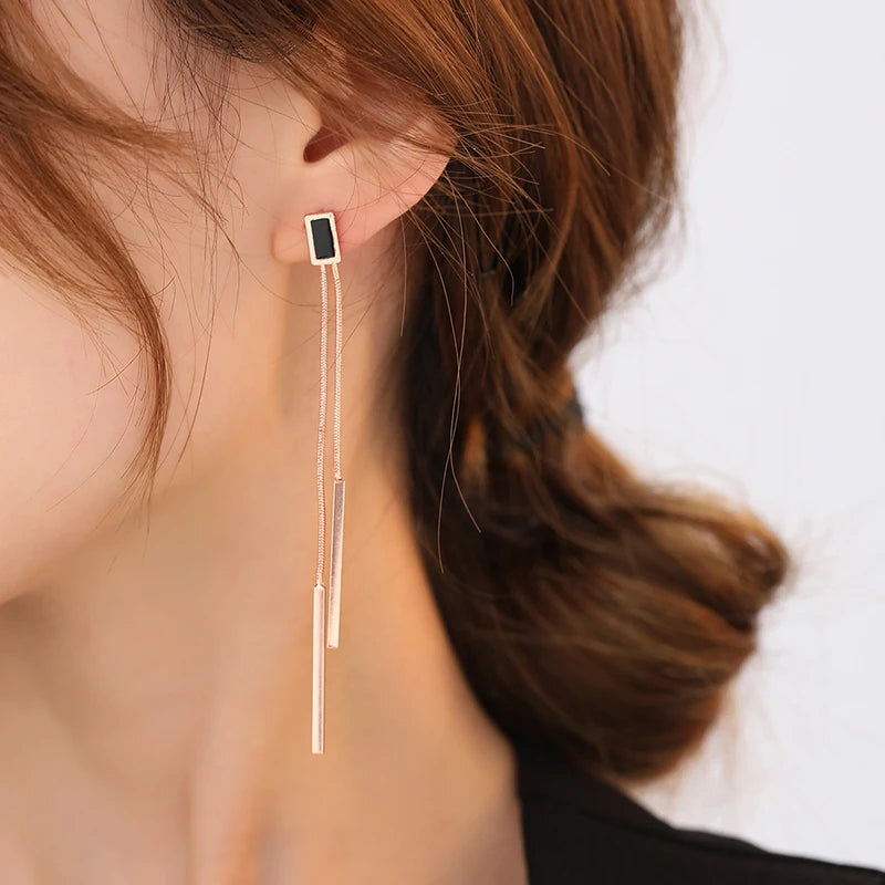 Vintage Long Tassel Geometric Square Drop Earrings Korean Thread