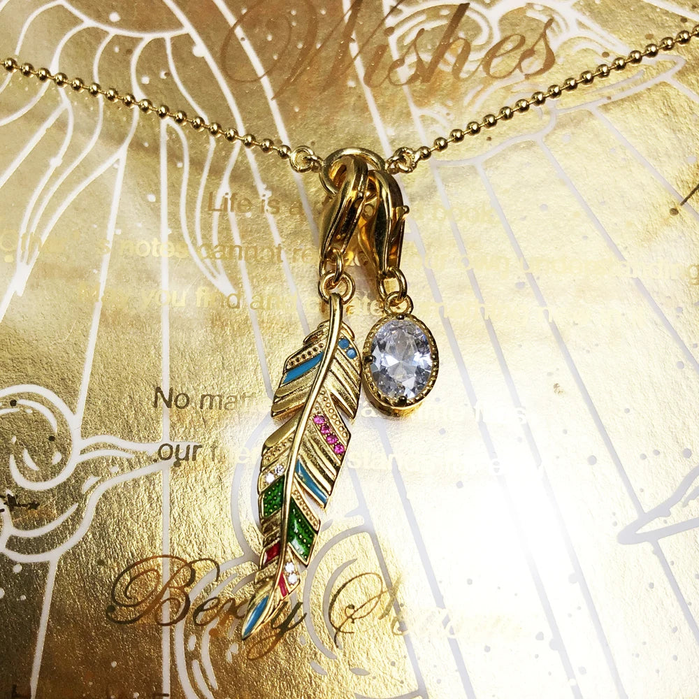 Golden Feather & Oval CZ Necklace 925 Sterling Silver Fashion Jewellery Gift