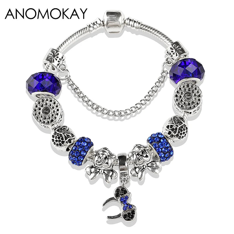 Red Crystal Mickey Minnie Beads Bracelet Silver Plated Family Charm Gift