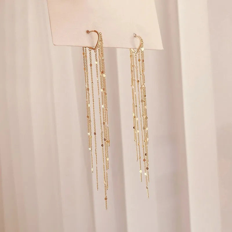 Korean Vintage Glossy Arc Bar Long Tassel Drop Earrings Gold Colour