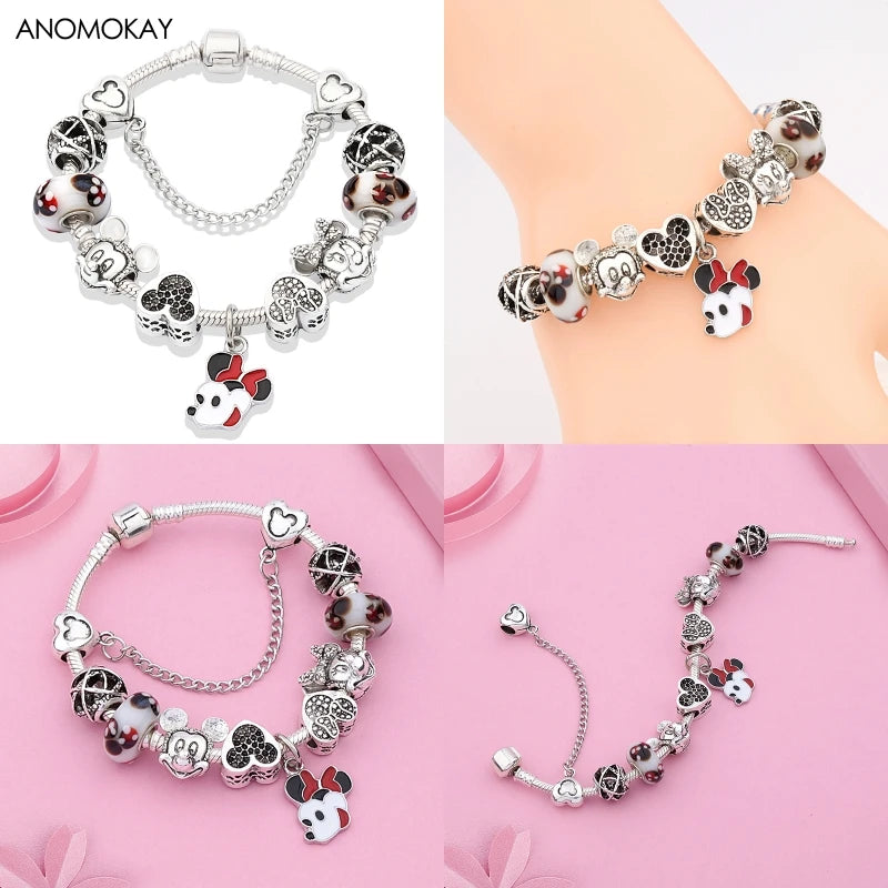 Red Crystal Mickey Minnie Beads Bracelet Silver Plated Family Charm Gift