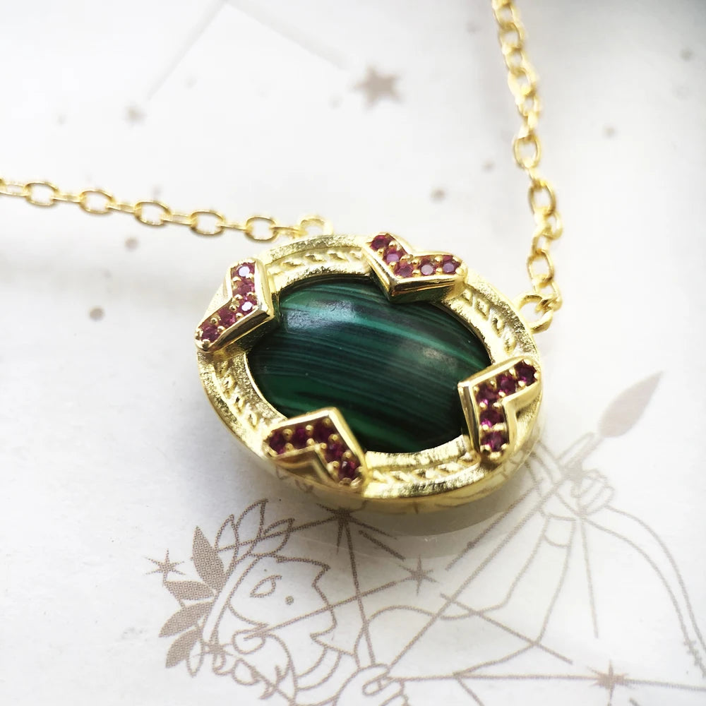 Green Oval Gold Necklace 925 Sterling Silver Vintage Fine Jewellery Gift