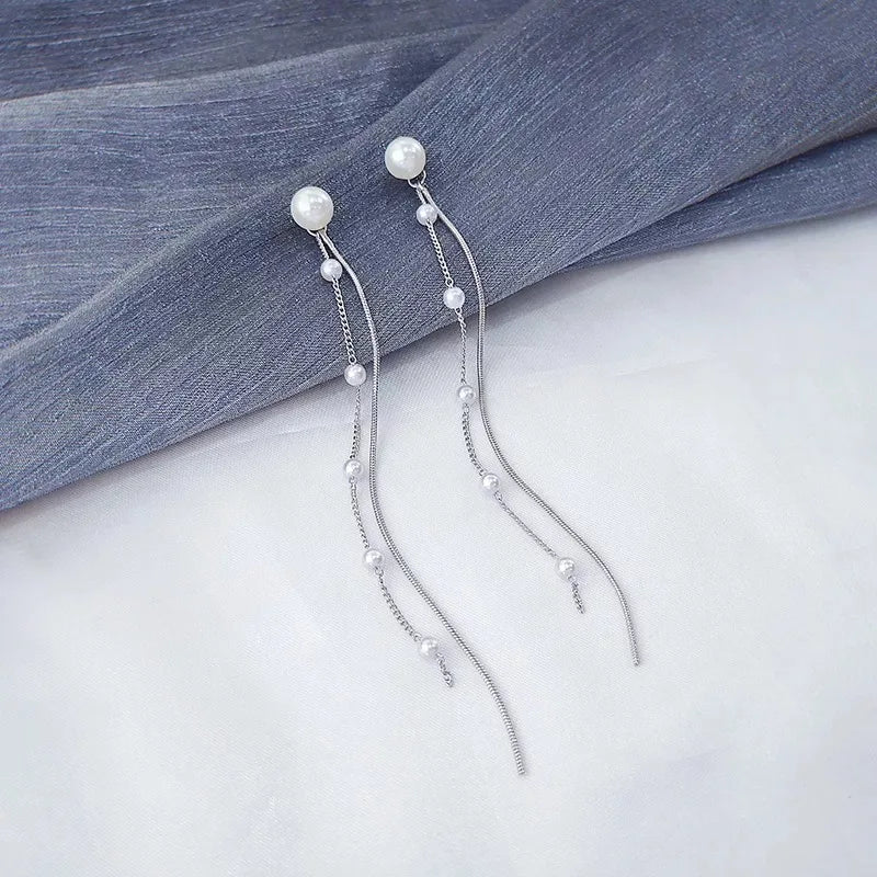 Korean Vintage Glossy Arc Bar Long Tassel Drop Earrings Gold Colour