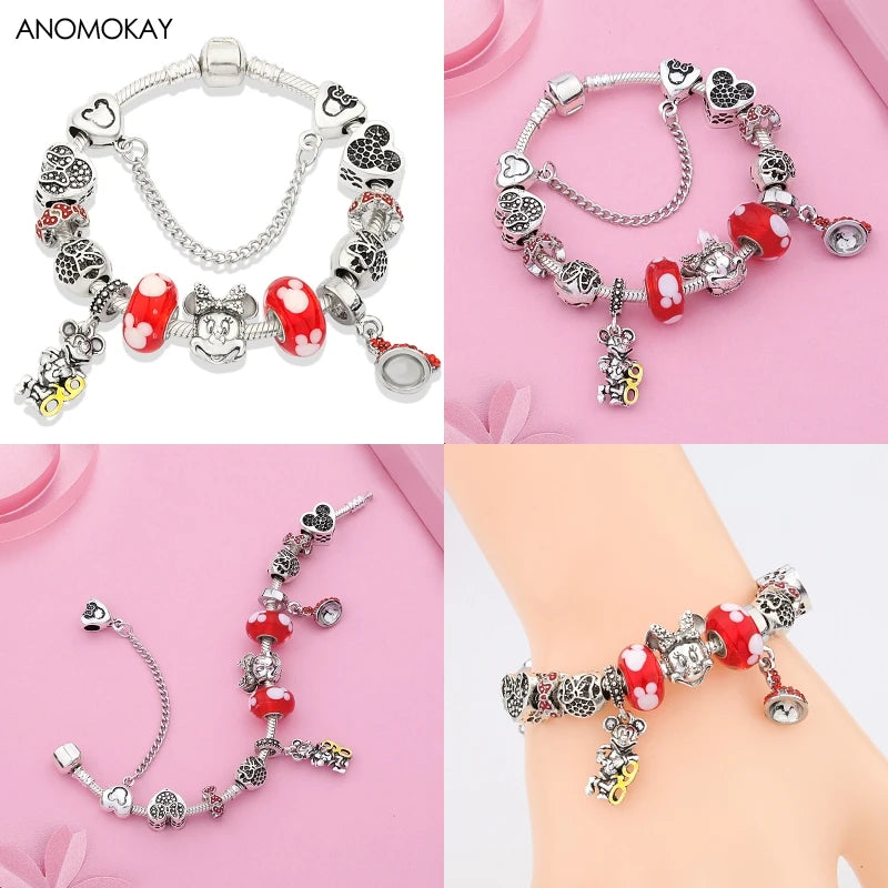 Pink Enamel Mickey Minnie Charm Bracelet Silver Plated Heart Animal Bead