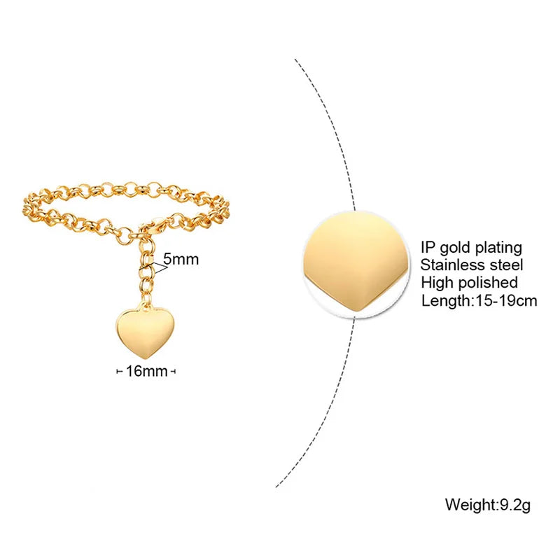 Heart Chain Bracelet Role Link for Women Stainless Steel Gold Color  Love Bangle Valentine Gifts Adjustable 15cm to 19cm