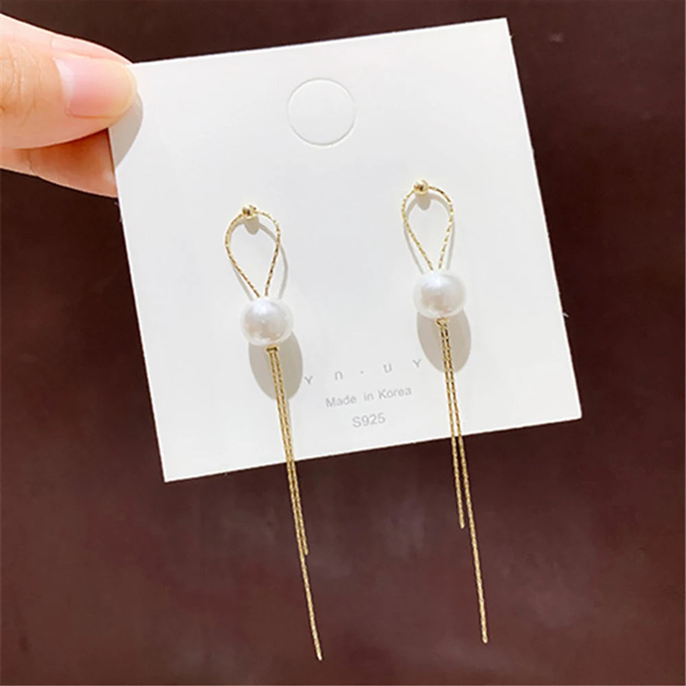 Korean Vintage Glossy Arc Bar Long Tassel Drop Earrings Gold Colour
