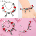 Red Crystal Mickey Minnie Beads Bracelet Silver Plated Family Charm Gift