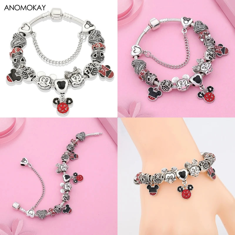 Red Crystal Mickey Minnie Beads Bracelet Silver Plated Family Charm Gift