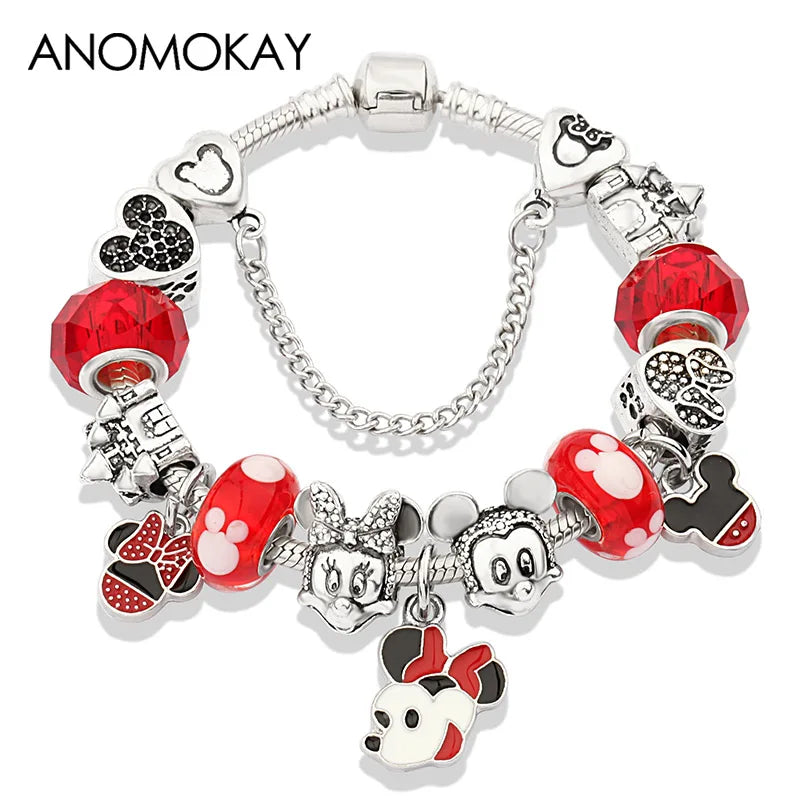 Pink Enamel Mickey Minnie Charm Bracelet Silver Plated Heart Animal Bead