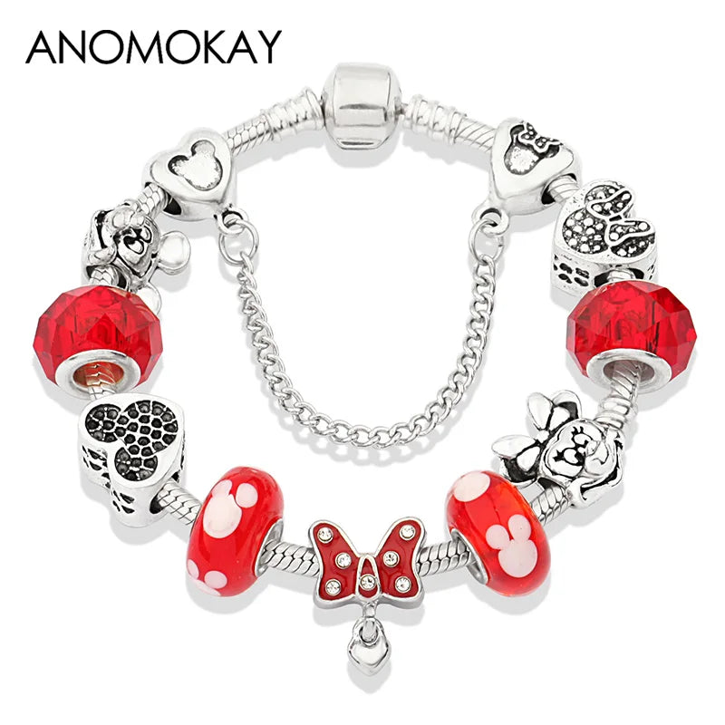 Red Crystal Mickey Minnie Beads Bracelet Silver Plated Family Charm Gift