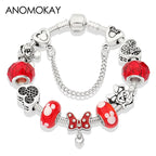 Red Crystal Mickey Minnie Beads Bracelet Silver Plated Family Charm Gift