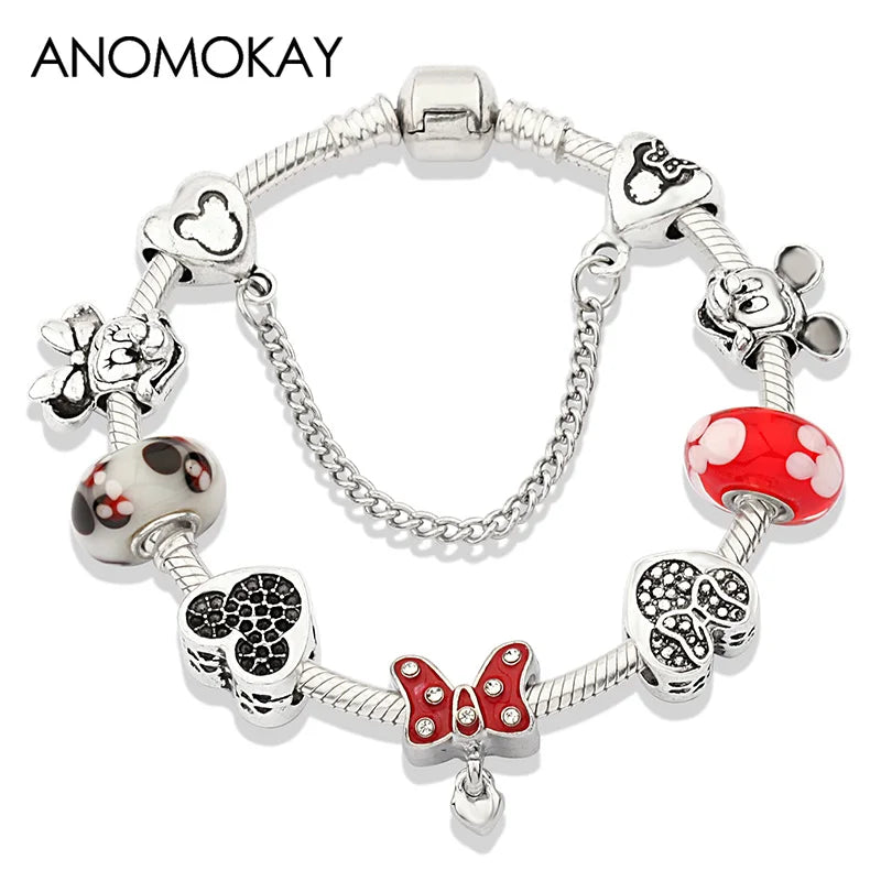 Red Crystal Mickey Minnie Beads Bracelet Silver Plated Family Charm Gift