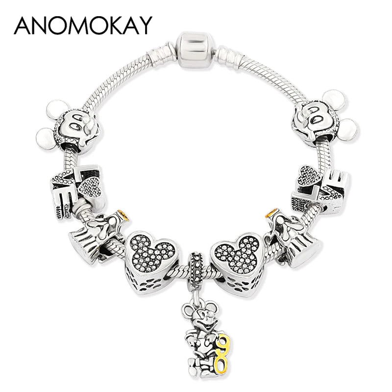 Red Crystal Mickey Minnie Beads Bracelet Silver Plated Family Charm Gift