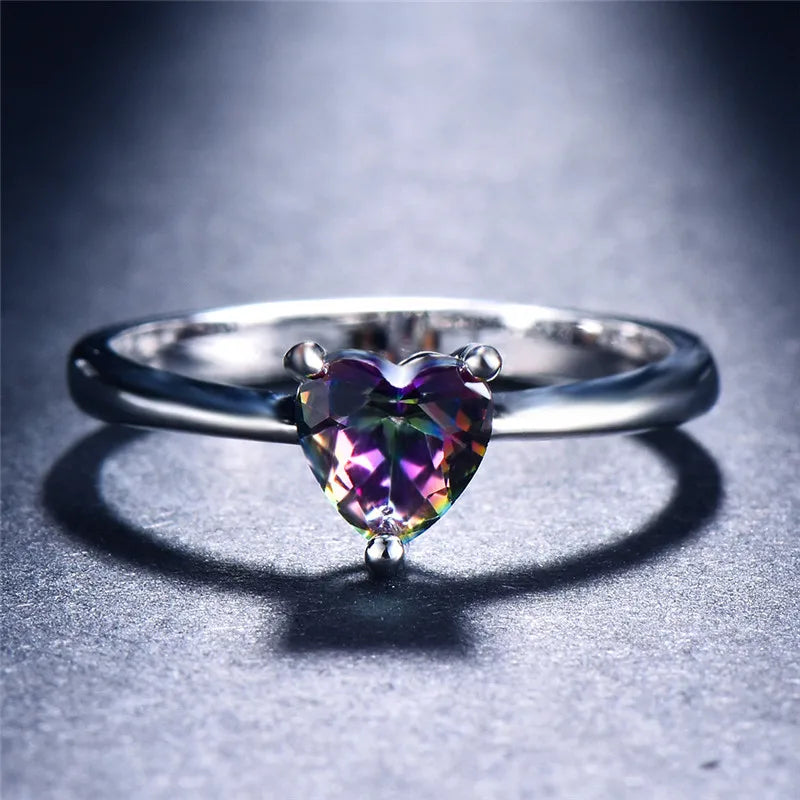 Mystic Fire White Blue Opal Stone Rainbow Zircon Heart Rings For Women Silver Color Birthstone Thin Ring Wedding Bands Jewelry