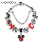 Red Crystal Mickey Minnie Beads Bracelet Silver Plated Family Charm Gift