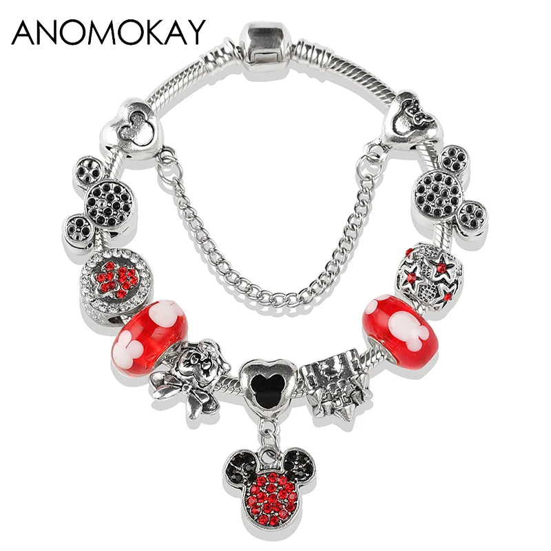 Red Crystal Mickey Minnie Beads Bracelet Silver Plated Family Charm Gift