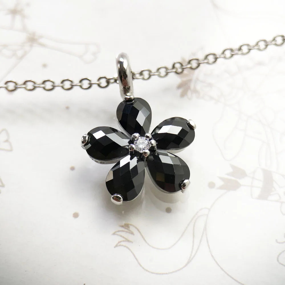 Black Petals Flower Necklace 925 Sterling Silver Romantic Fine Jewellery