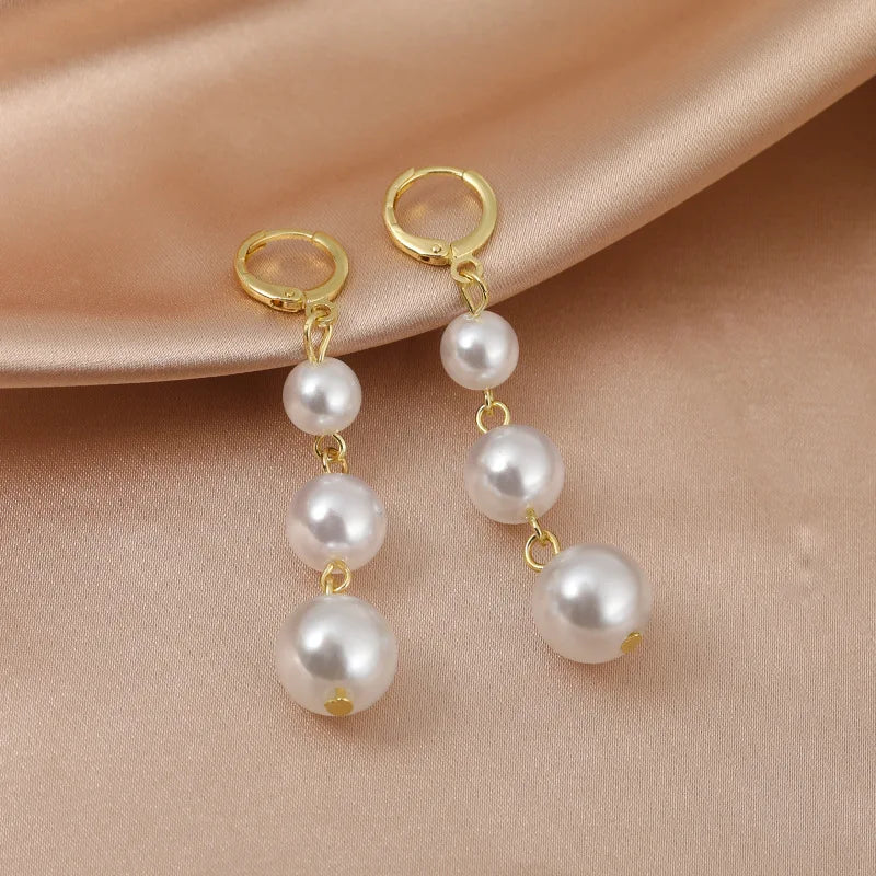 Korean Vintage Glossy Arc Bar Long Tassel Drop Earrings Gold Colour