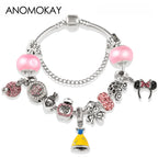 Red Crystal Mickey Minnie Beads Bracelet Silver Plated Family Charm Gift