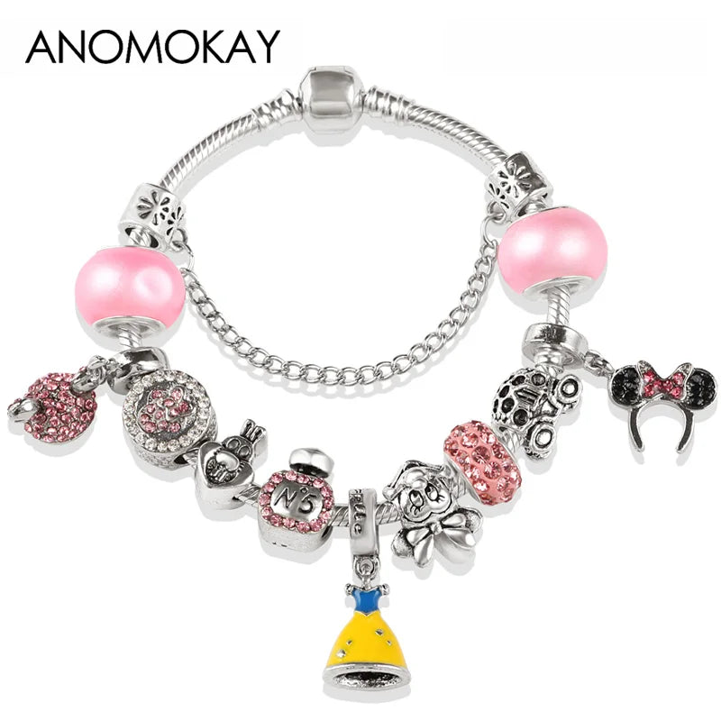 Red Crystal Mickey Minnie Beads Bracelet Silver Plated Family Charm Gift