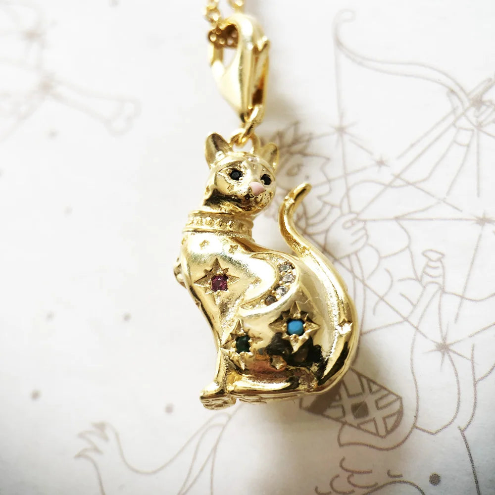 Golden Cat with Star Necklace 925 Sterling Silver Magic Fine Jewellery Gift