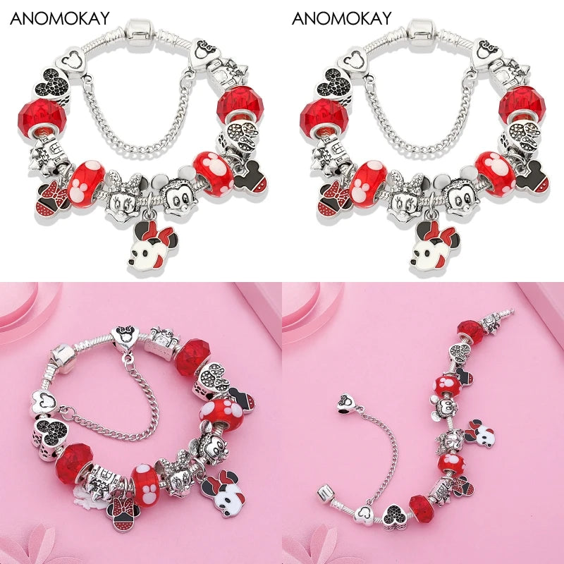 Red Crystal Mickey Minnie Beads Bracelet Silver Plated Family Charm Gift