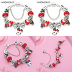Red Crystal Mickey Minnie Beads Bracelet Silver Plated Family Charm Gift