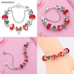 Red Crystal Mickey Minnie Beads Bracelet Silver Plated Family Charm Gift