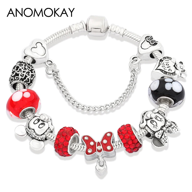 Red Crystal Mickey Minnie Beads Bracelet Silver Plated Family Charm Gift