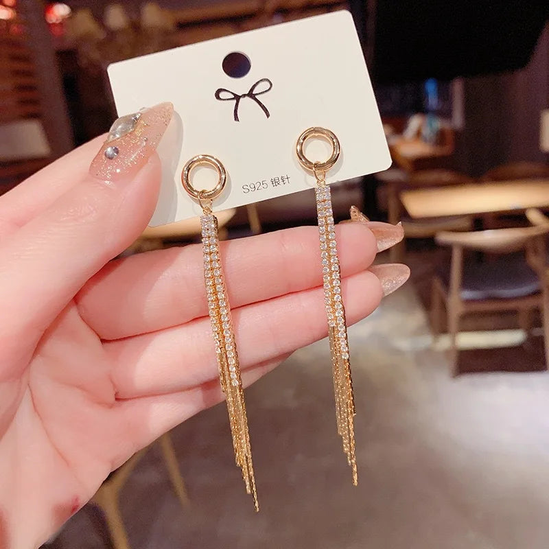 Korean Vintage Glossy Arc Bar Long Tassel Drop Earrings Gold Colour