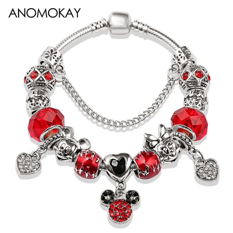 Red Crystal Mickey Minnie Beads Bracelet Silver Plated Family Charm Gift