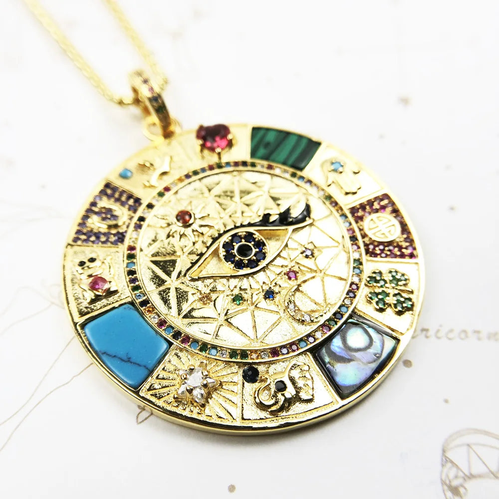 Magical Lucky Symbols Amulet Necklace 925 Sterling Silver Wheel of Fortune