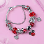 Red Crystal Mickey Minnie Beads Bracelet Silver Plated Family Charm Gift
