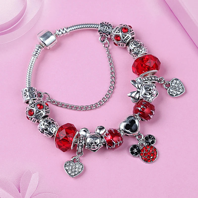Red Crystal Mickey Minnie Beads Bracelet Silver Plated Family Charm Gift