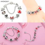 Pink Enamel Mickey Minnie Charm Bracelet Silver Plated Heart Animal Bead