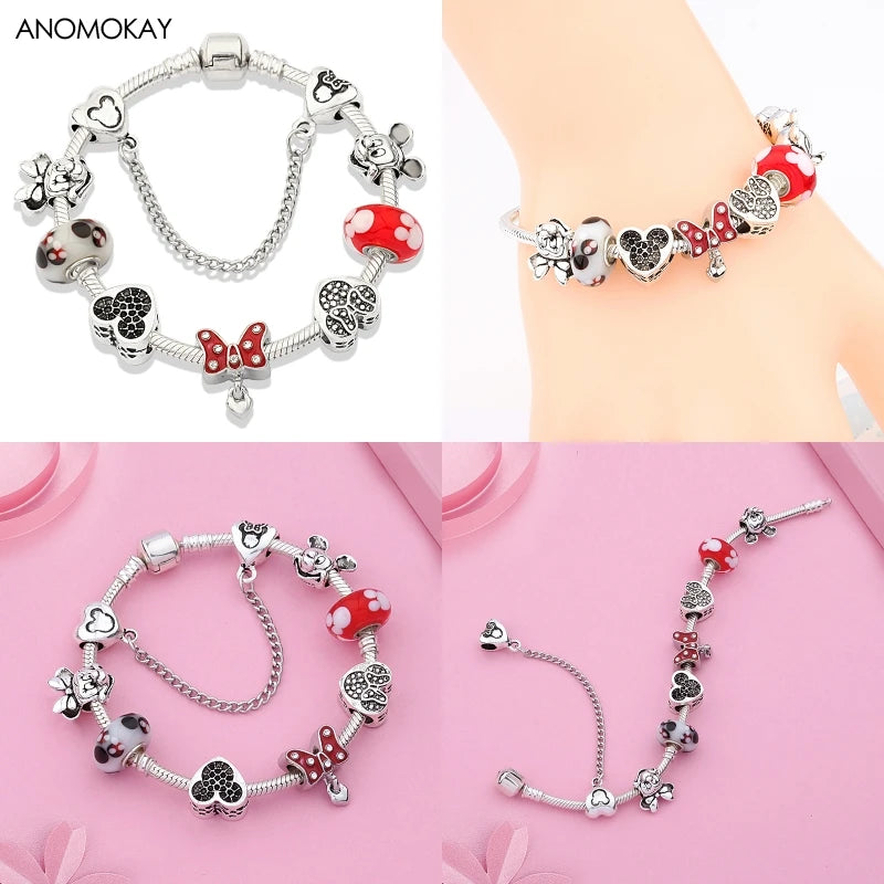 Red Crystal Mickey Minnie Beads Bracelet Silver Plated Family Charm Gift
