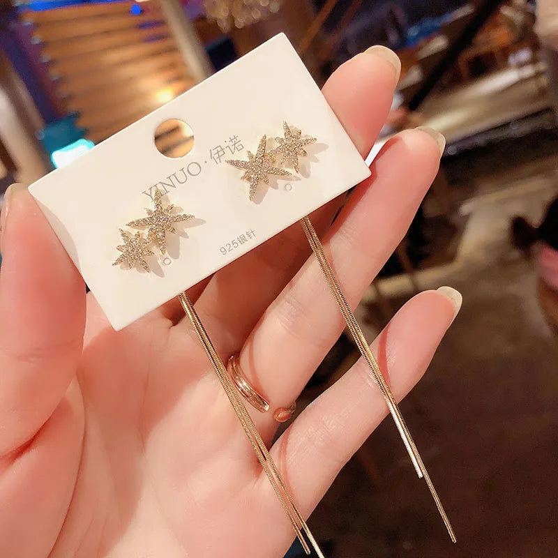 Korean Vintage Glossy Arc Bar Long Tassel Drop Earrings Gold Colour
